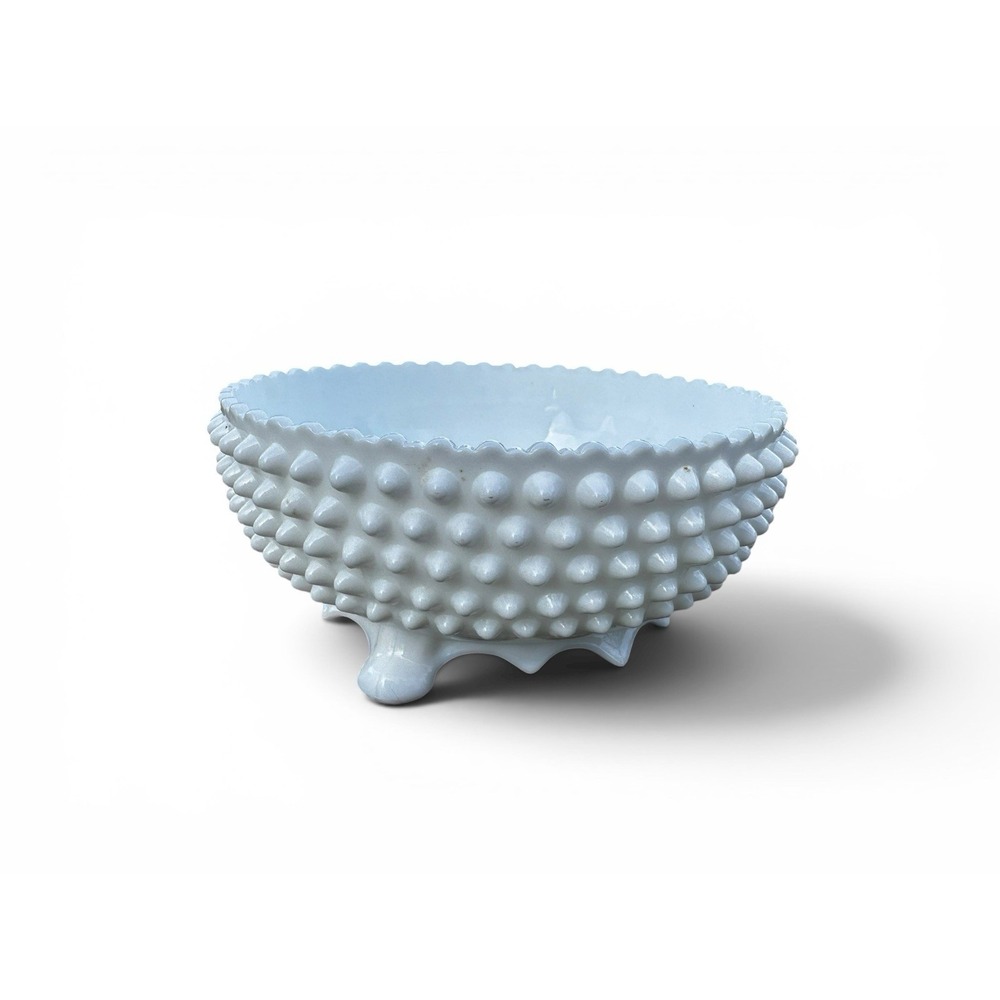 Fenton Milk Glass Hobnail 3 Toed Footed Bowl Candy Dish White 8" Wide Vintage - Picture 2 of 8